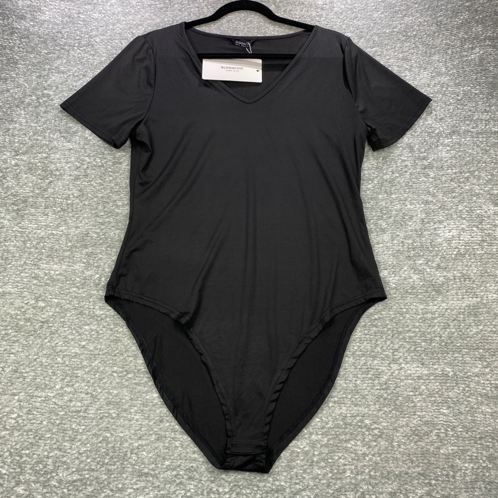 BLOOMCHIC Womens Black Bodysuit US 14-16 V-Neck Short Sleeve Snaps New